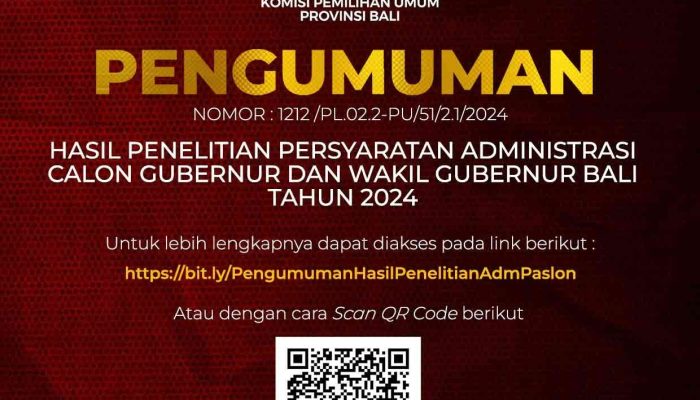 KPU Provinsi Bali Umumkan Hasil Penelitian Persyaratan Administrasi Calon Gubernur dan Wakil Gubernur Bali 2024
